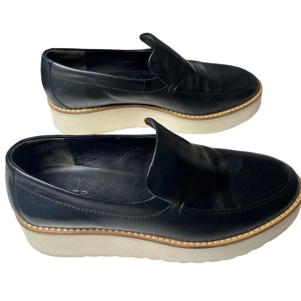 Vince Black Leather Platform Slip On Loafers Flatform Shoes US 7M EUR 37‎